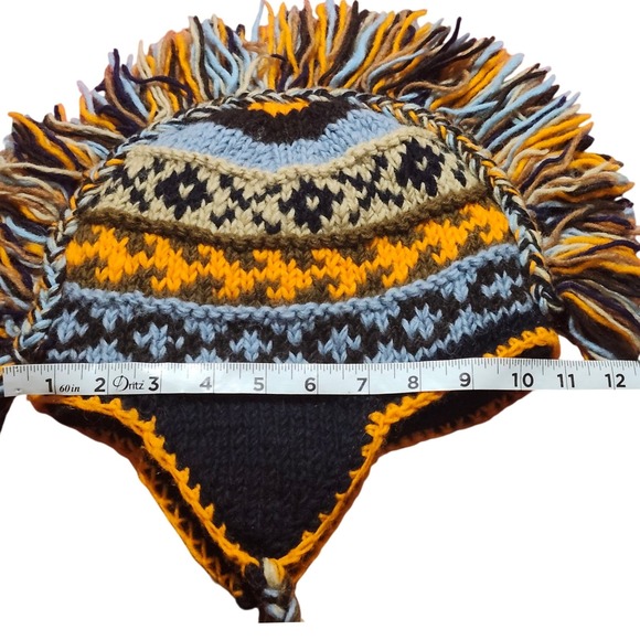 Handmade Wool Mohawk Beanie Hat with Tassels and Ear Flaps Made in Nepal - Picture 9 of 9